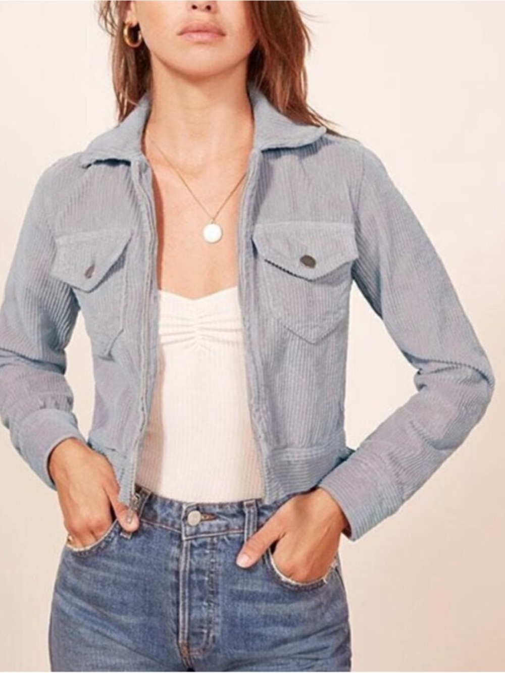 Reformation Light Blue‎ Texas Crop Corduroy Jacket Size M
